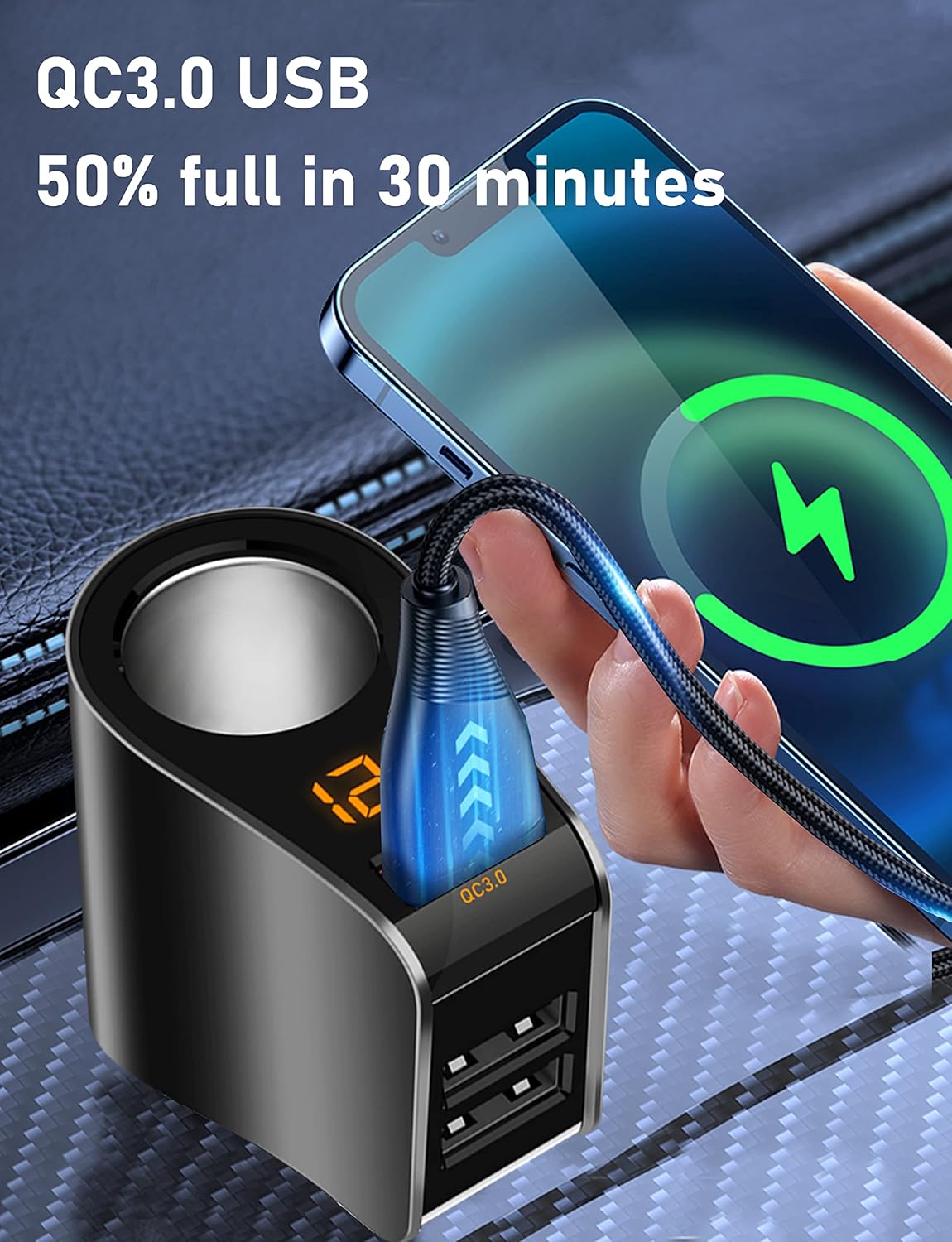 Cigarette Lighter Socket Adapter, Car Charger QC3.0, 12V/24V Outlet Plug Splitter with Multi USB Ports, Voltmeter Compatible for iPhone, Galaxy, GPS