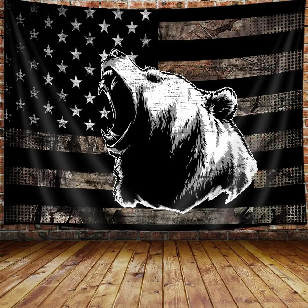 Country American Flag Bear Tapestry, Rustic Hunting Camo Bass Bear Black and White Tapestry Wall Hanging for Men Bedroom, Cabin Tapestries Poster Blanket College Dorm Home Decor 60X40inches Mount