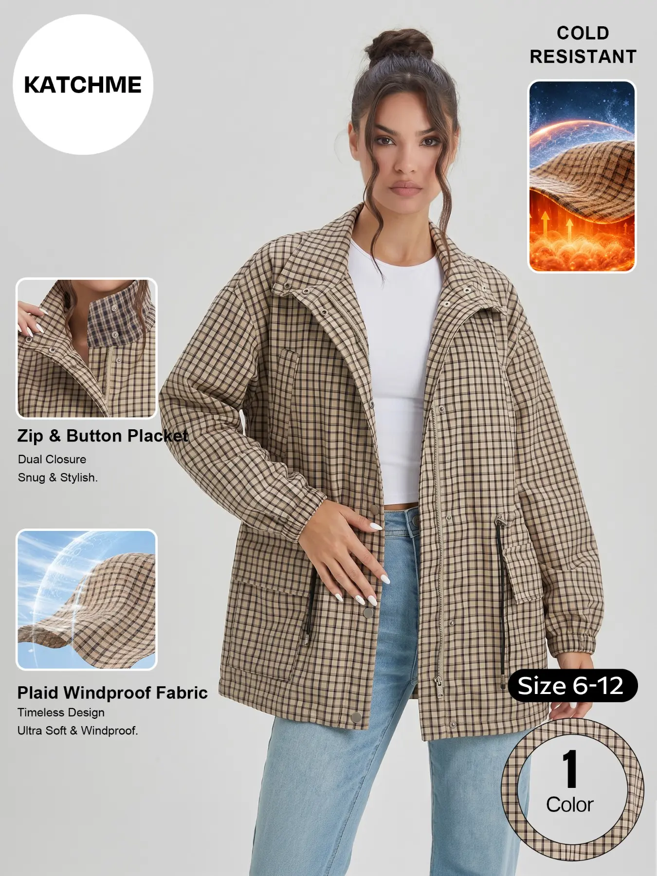Women's Versatile Plaid Stand Collar Cinched Waist Long Sleeve Trench Coat, Vintage Zipper & Button Flap Pocket Windproof Outerwear Jackets, Durable Wrinkle-Resistant Fall Outfits #TikTokMadeMeBuyIt #ComfyOutfit #Windbreaker #CasualChic
