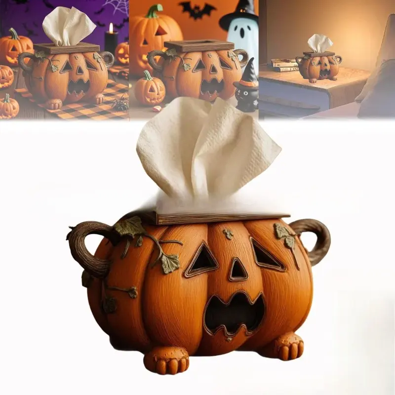Creative Halloween pumpkin tissue box—a cute, vintage-style resin craft perfect for living room tabletop decor.