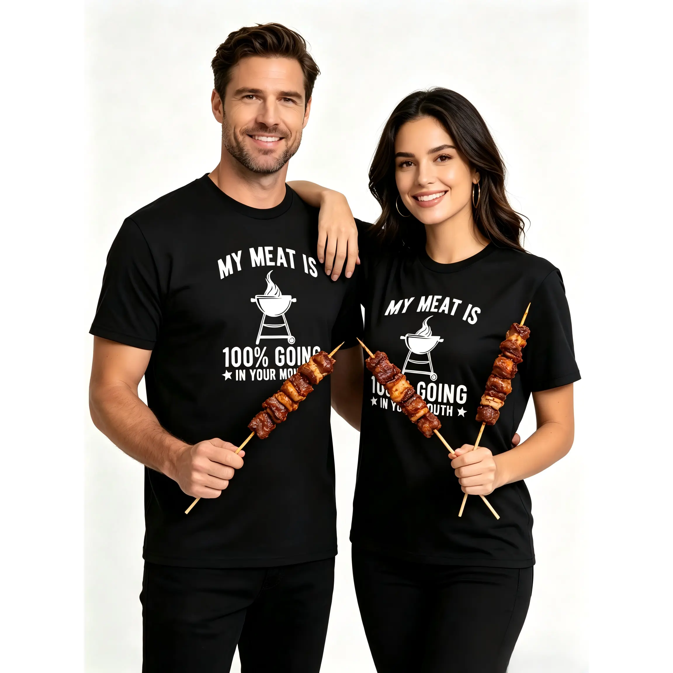 Unisex Funny BBQ Grill Graphic Black T-Shirt My Meat Is 100% Going In Your Mouth White Vintage Curved Letter Barbecue Pit Flame Grill Humorous Casual Crew Neck Short Sleeve Tee