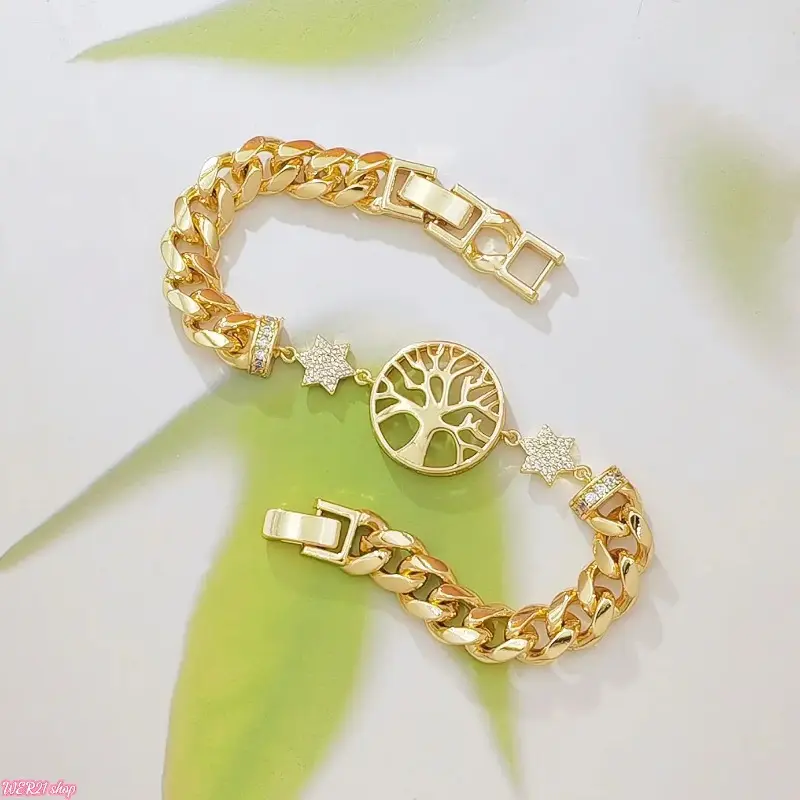 [WER21]14K Gold Plated Cuban Link Bracelet for Women, Dainty Life of Tree Pendant Bracelet with Micro Pave CZ Star Charms, Adjustable Chunky Chain Stackable Jewelry Gift for Birthday Anniversary