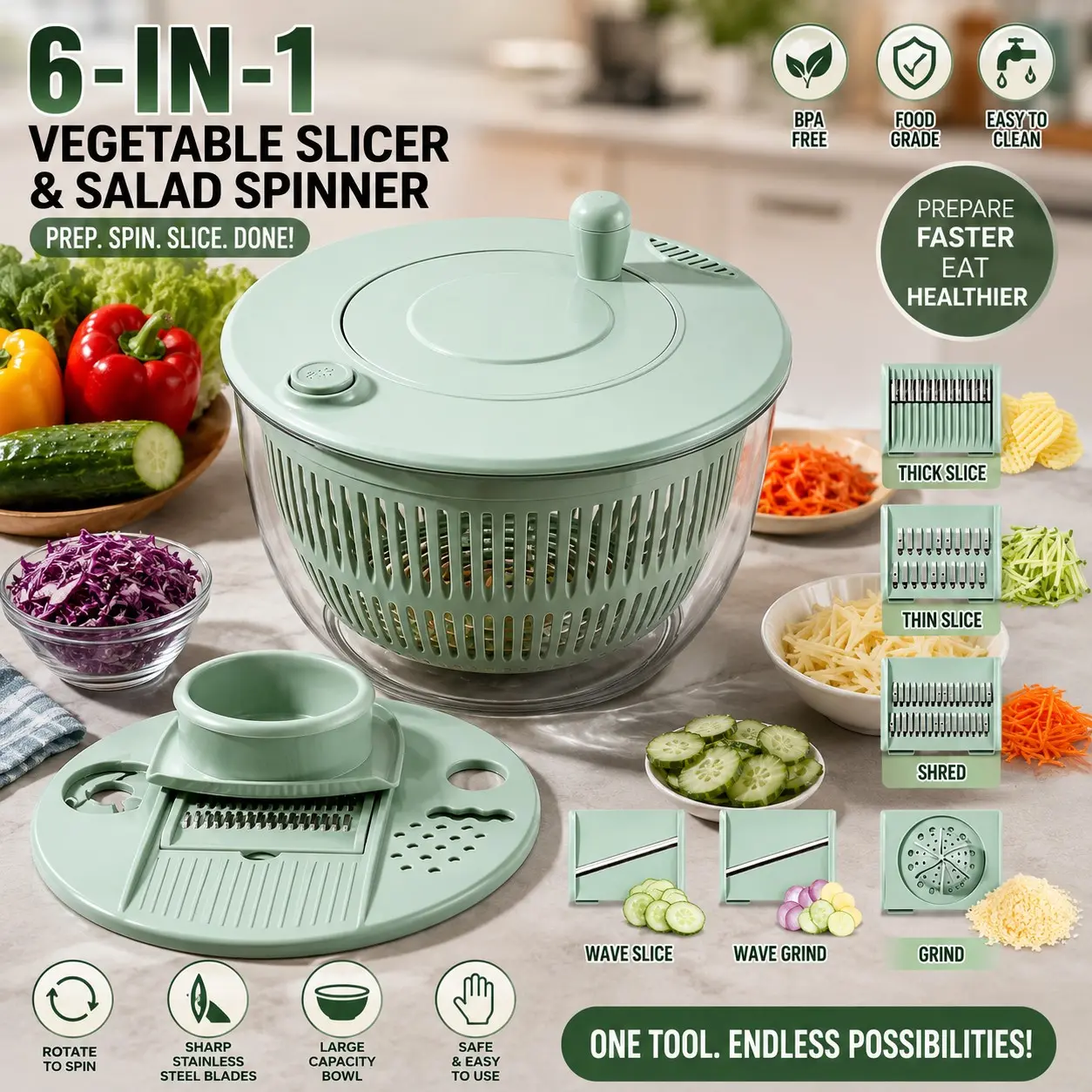 Multifunctional Salad Spinner & Vegetable Slicer, Manual Rotary Food Chopper with Interchangeable Blades for Slicing, Shredding, Grating & Draining, Kitchen Prep Tool