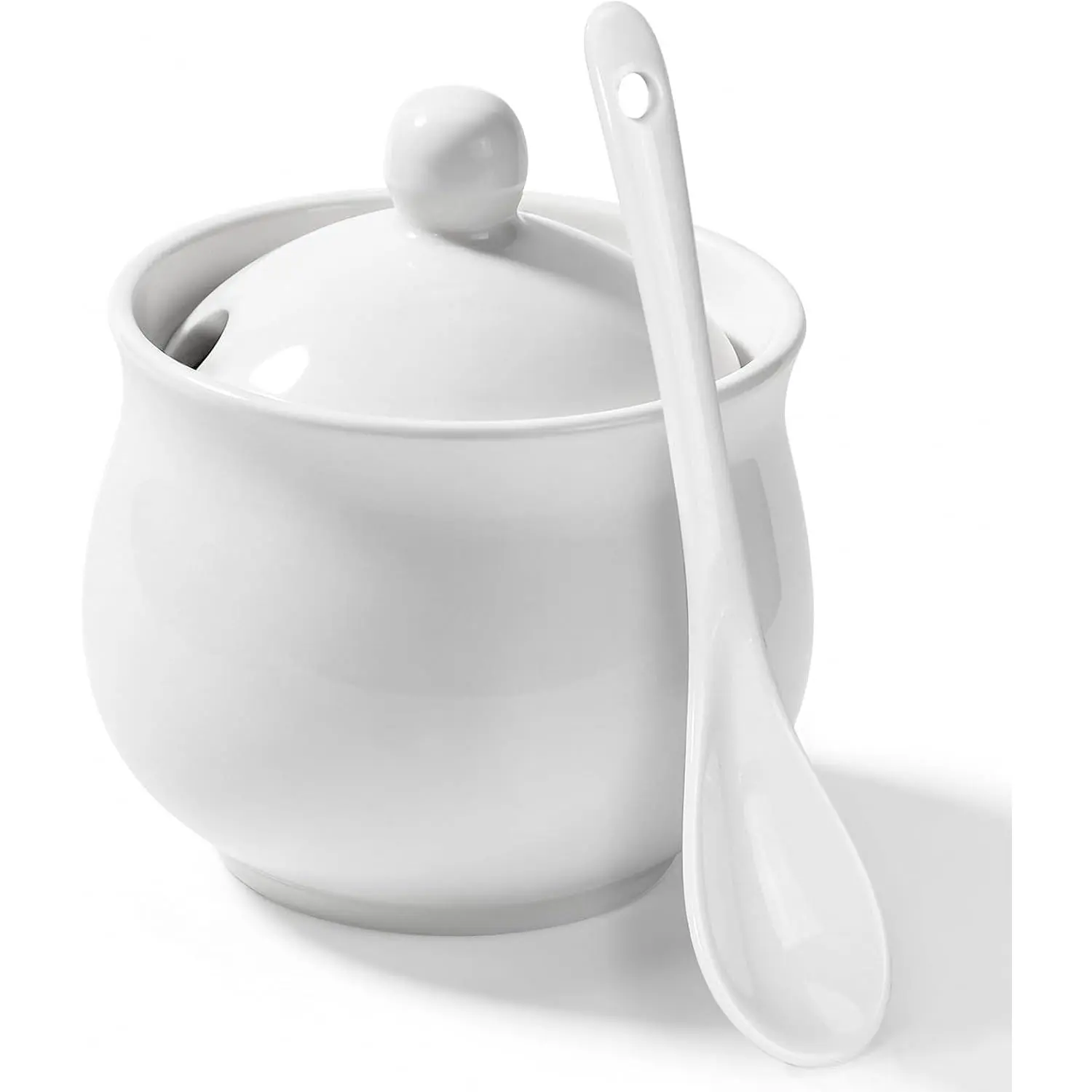 Sugar Bowl with Lid and Spoon, Elegant Ceramic Container for Salt, Pepper, Spices and Sugar, Easy to Clean, Ideal for Coffee Bar, Kitchen Counter & Dining Table, 7 Oz White Porcelain Jar