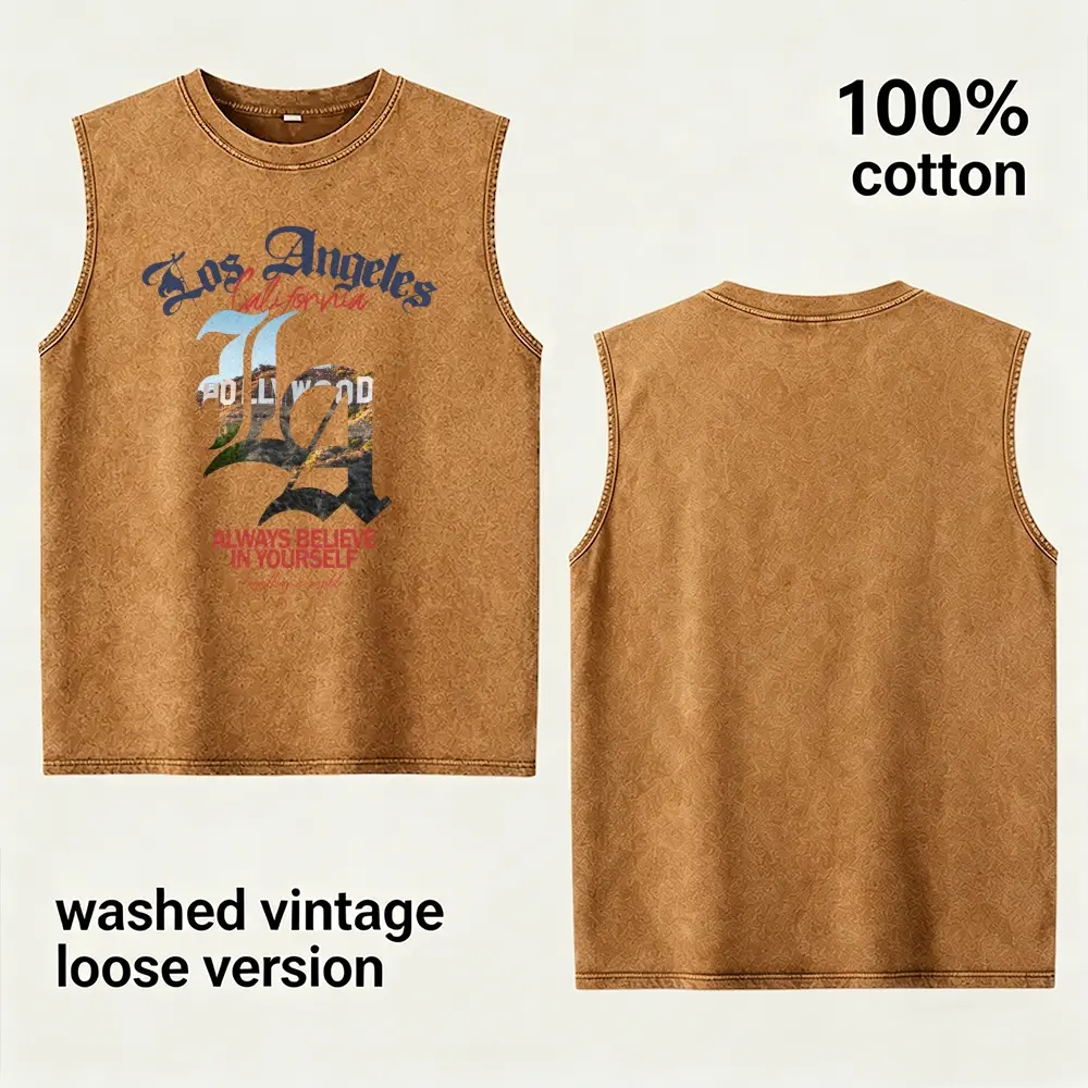 Men's 100% Cotton Vintage Los Angeles Hollywood Scenery & "Believe In Yourself" Quote Graphic Wash Sleeveless Tank Top, Casual 80s Aesthetic Sporty Chic Loose Fit 5XL City Street Vest for Summer Outdoors Workout, Nice Gift, Oversize