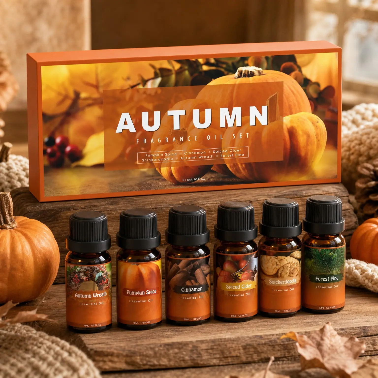 Autumn Fragrance Oil Set, Fall Essential Oils for Diffuser | Pumpkin Spice, Cinnamon, Spiced Cider, Snickerdoodle, Autumn Wreath, Pine, Cozy Aromatherapy Oils Gift, 6x10ml