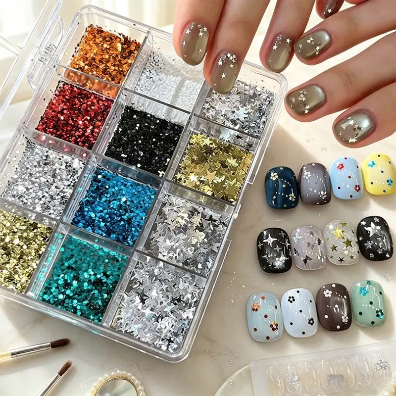 12-grid Packed Mini Round Dot Sequins Nail Art Accessories, Mixed Sizes Star Glitters, Multicolor Star Sequins for DIY Nail Decorations