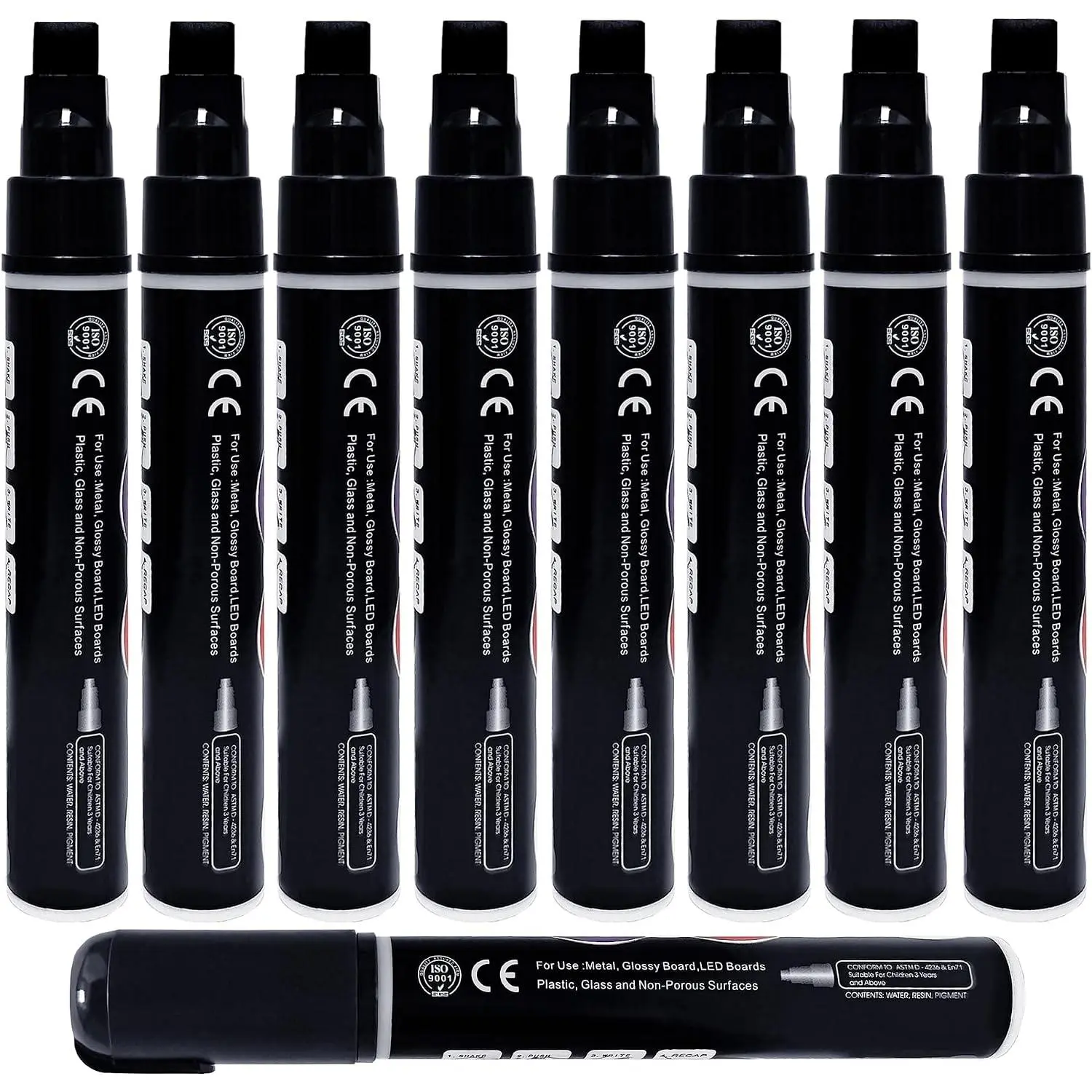 Black Liquid Chalk Markers Wet Erasable,  Tip, 8 Pack | 10mm Wide For Glass Board, Smooth Whiteboard, Window Display, Water Washable For Non-Porous Board - Business & Office Use