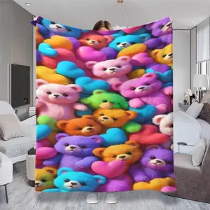 2D Flat Print (Non-3D) Vibrant Pastel Teddy Bear & Heart Pattern Small Throw Blanket, Cozy Plush Themed Cover with Multiple Specifications Available in Bright Colors, Perfect for Office Naps, Couch Relaxing & Daily Soft Warm Use