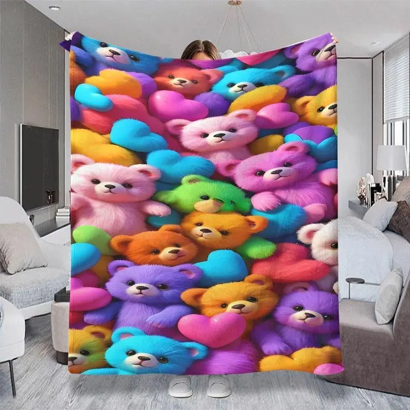 2D Flat Print (Non-3D) Vibrant Pastel Teddy Bear & Heart Pattern Small Throw Blanket, Cozy Plush Themed Cover with Multiple Specifications Available in Bright Colors, Perfect for Office Naps, Couch Relaxing & Daily Soft Warm Use