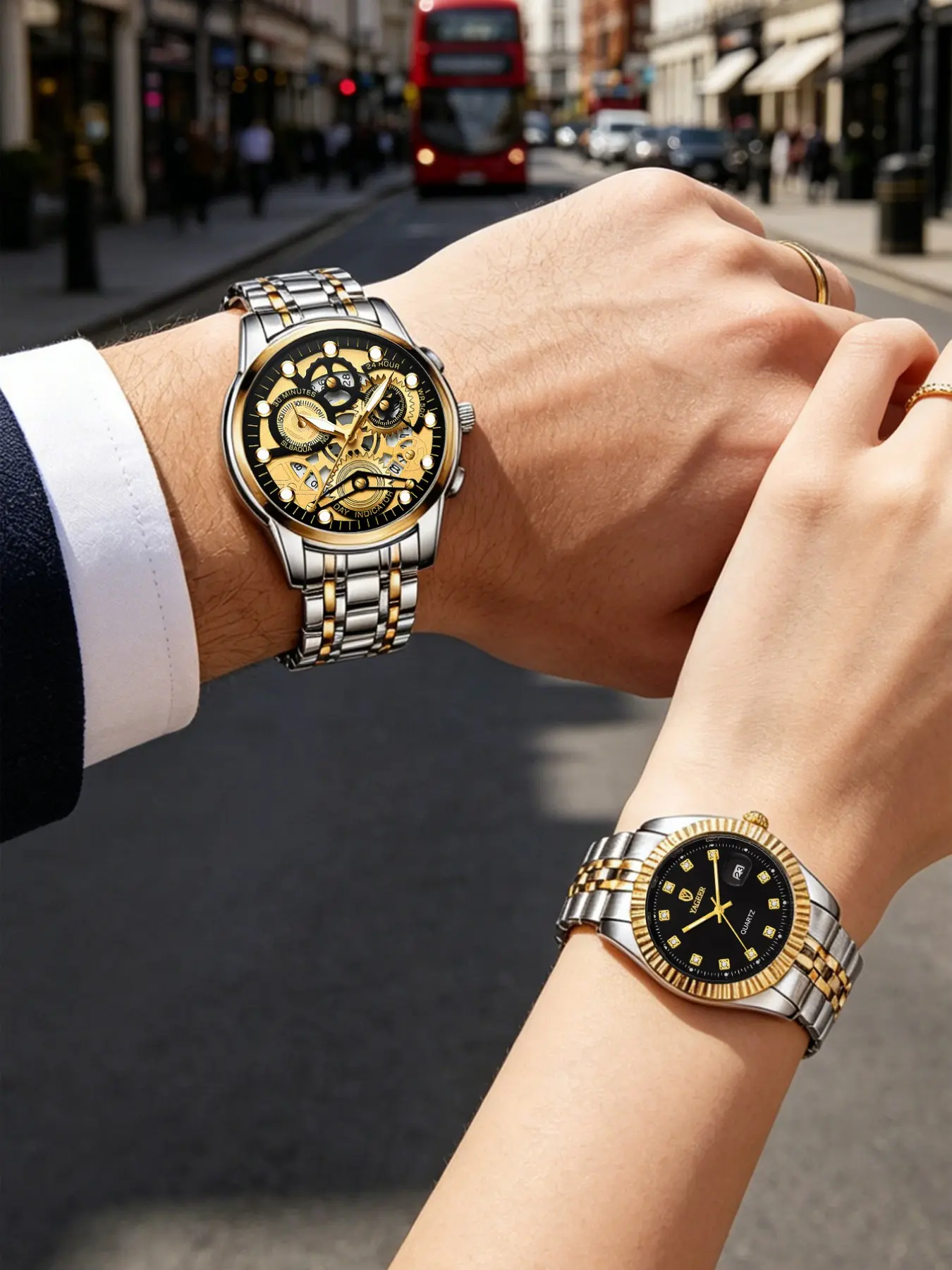 2 Piece Couple Watches Stainless Steel, Elegant Fashion, Valentine's Day Gift, Analog-Digital Quartz, Round Dial, Casual Style