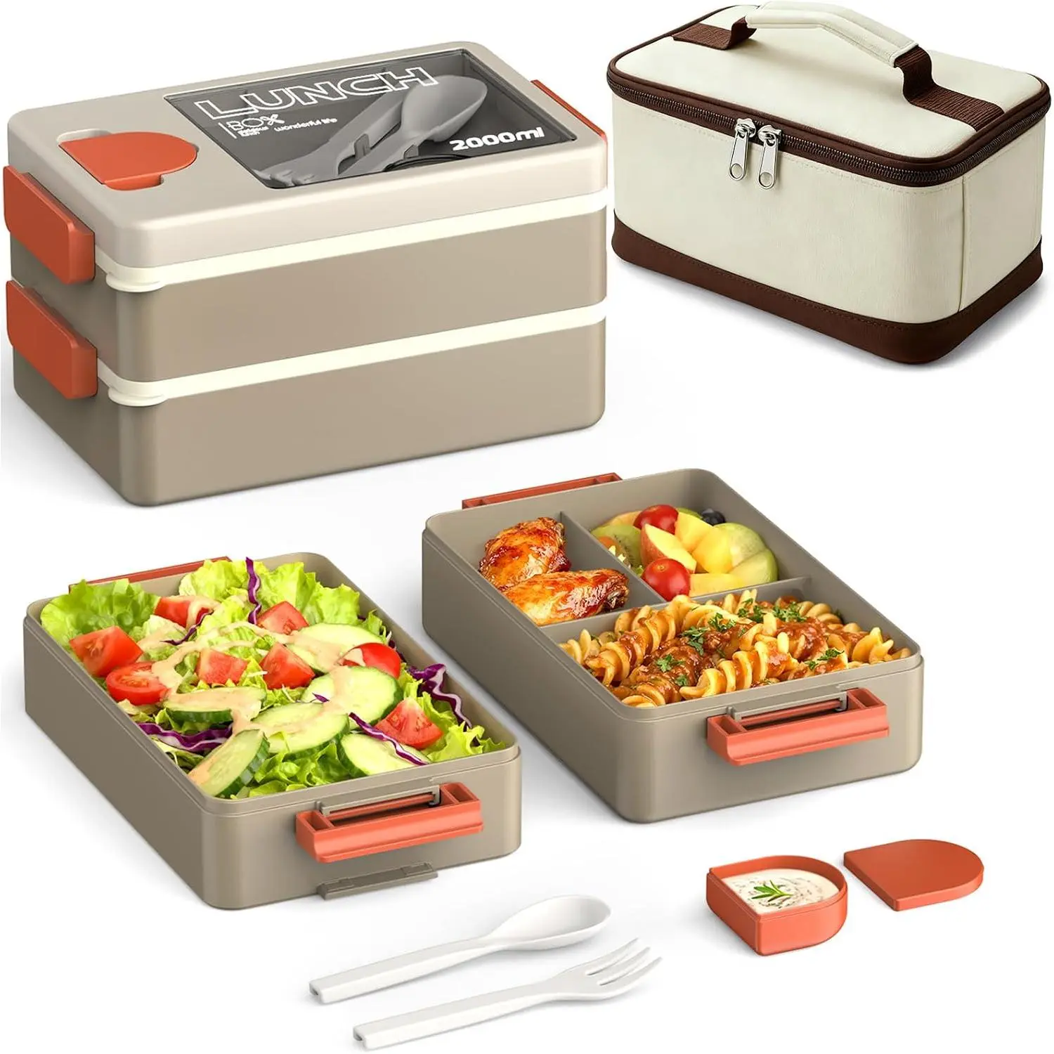Bento Box for Adults, 67oz 2-Layer Stackable Lunch Box with Bag | Leakproof, microwave safe and ; includes sauce cup and utensils for work, travel, gym and meal prep