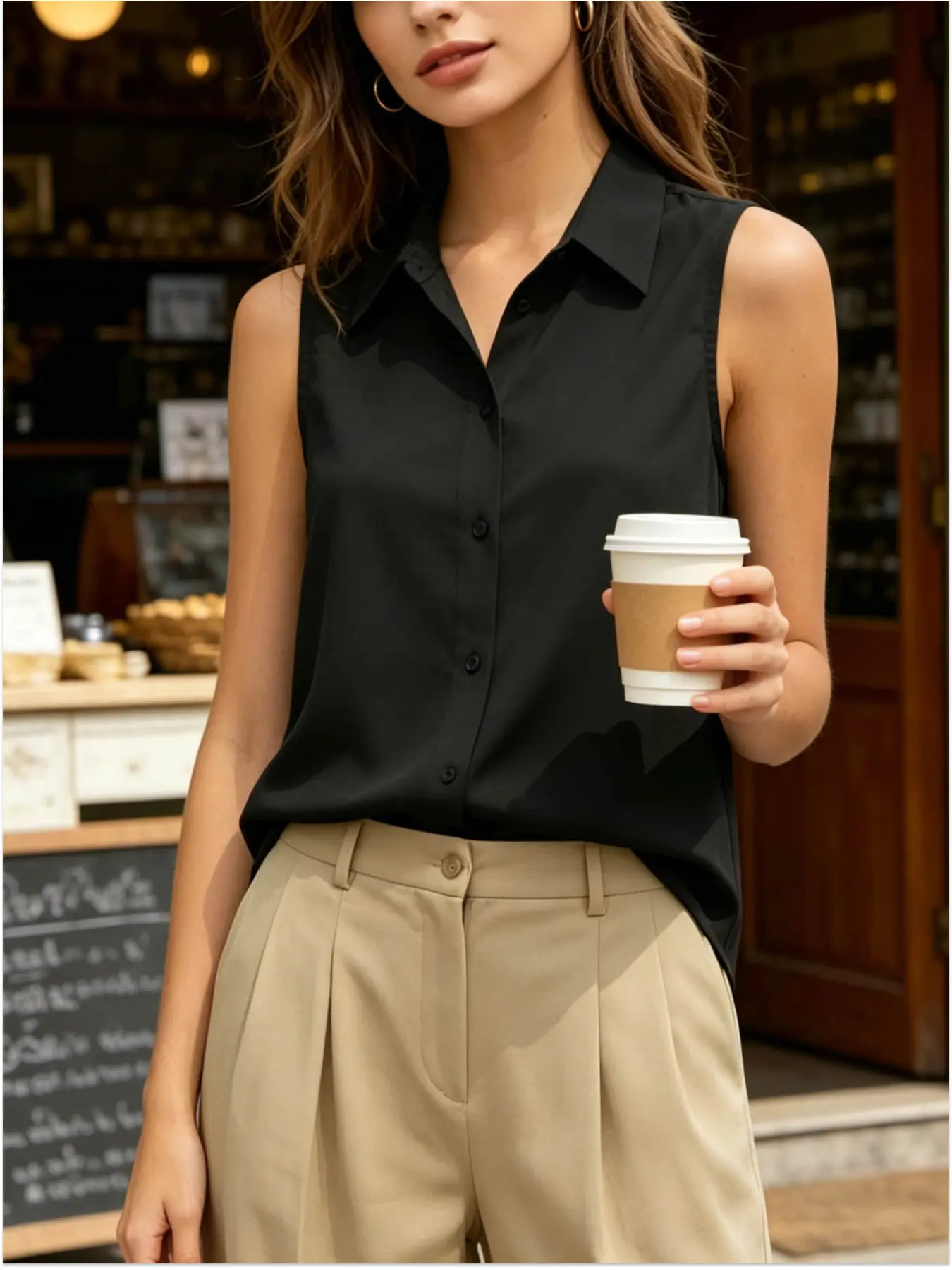 A fashionable minimalist women's collared sleeveless blouse shirt with a single breasted hanging top for casual commuting, suitable for summer office commuting, outdoor picnicking, vacation travel Casual Basic Top