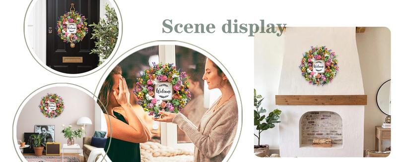 Bibelot Spring Summer Wreath for Front Door, 18 inch Artificial Berries and Colorful Flower Wreath with Welcome Sign, Spring/Summer Greenery Wreath for Front Door Wall Window Festival Decor