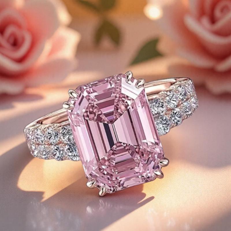 Shiny Pink Square Ring – Sparkling Cubic Zirconia, Silvery Plated, Ideal for Bridal Engagements, Anniversaries, Daily Wear – Cute Stylish Jewelry for Girls, Student Gifts
