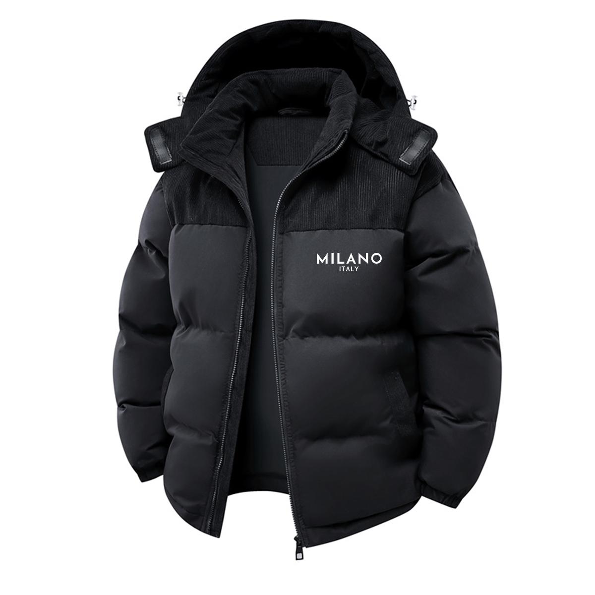 Modern Men's Cotton-Padded Coat: Mixed-Material Cut with Milano Italy Typography Graphic Print – A Sleek Warm Piece Merging Functional Design With Contemporary European Aesthetic Perfect for Daily Commutes Leisure Days or Cold-Weather Adventures