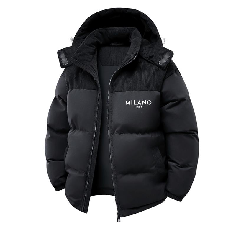 Modern Men's Cotton-Padded Coat: Mixed-Material Cut with Milano Italy Typography Graphic Print – A Sleek Warm Piece Merging Functional Design With Contemporary European Aesthetic Perfect for Daily Commutes Leisure Days or Cold-Weather Adventures