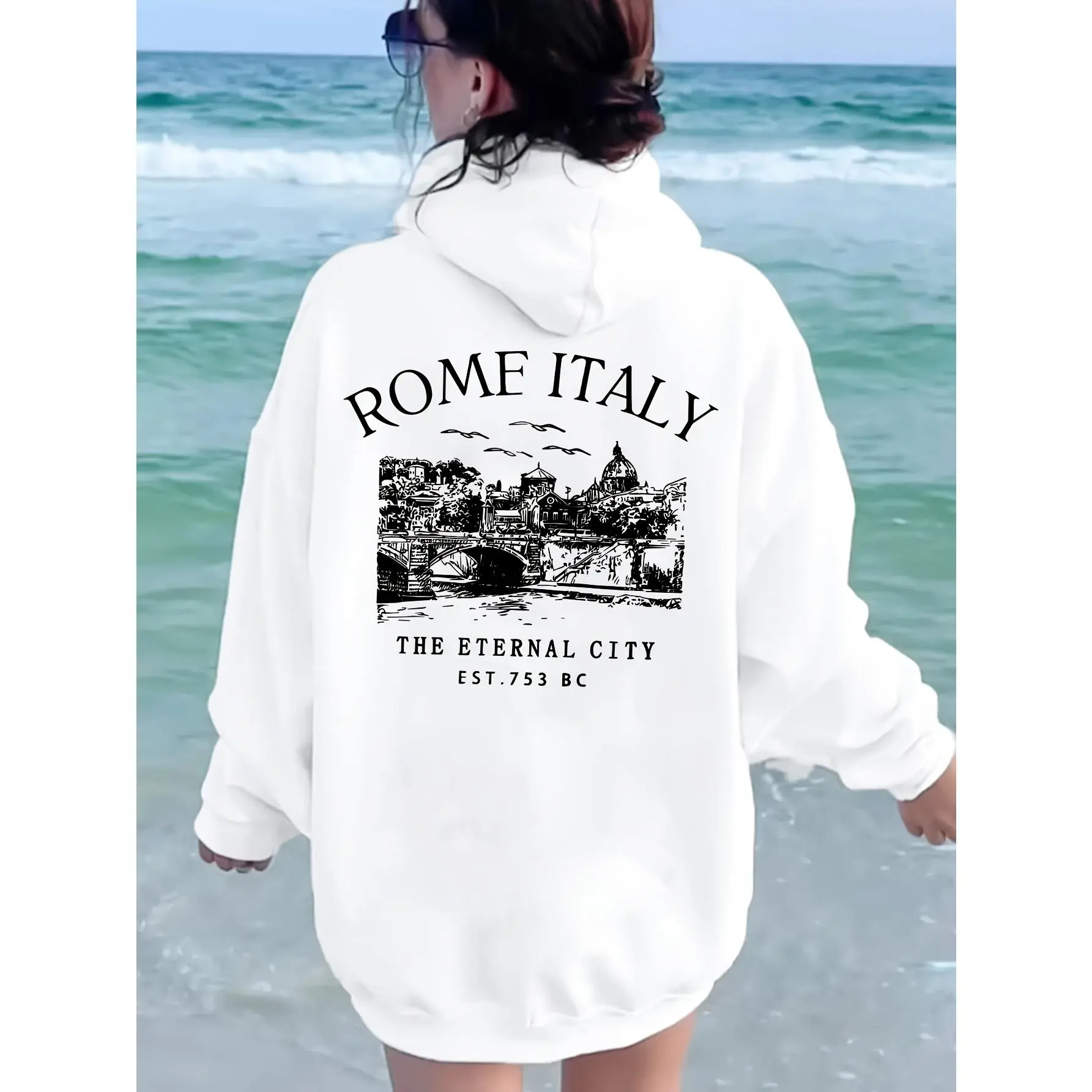 Rome Italy Letter Building Print Hoodie with Kanga Pocket - Women's Casual Long Sleeve Pullover Sweatshirt - Fall/Winter Season