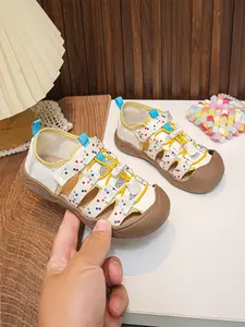 Dot Pattern Infant Sandals, Sweet Style, Velcro & Laces, Breathable Mesh, Anti-Collision Toe, Non-Slip Rubber Sole, Ideal for Toddlers