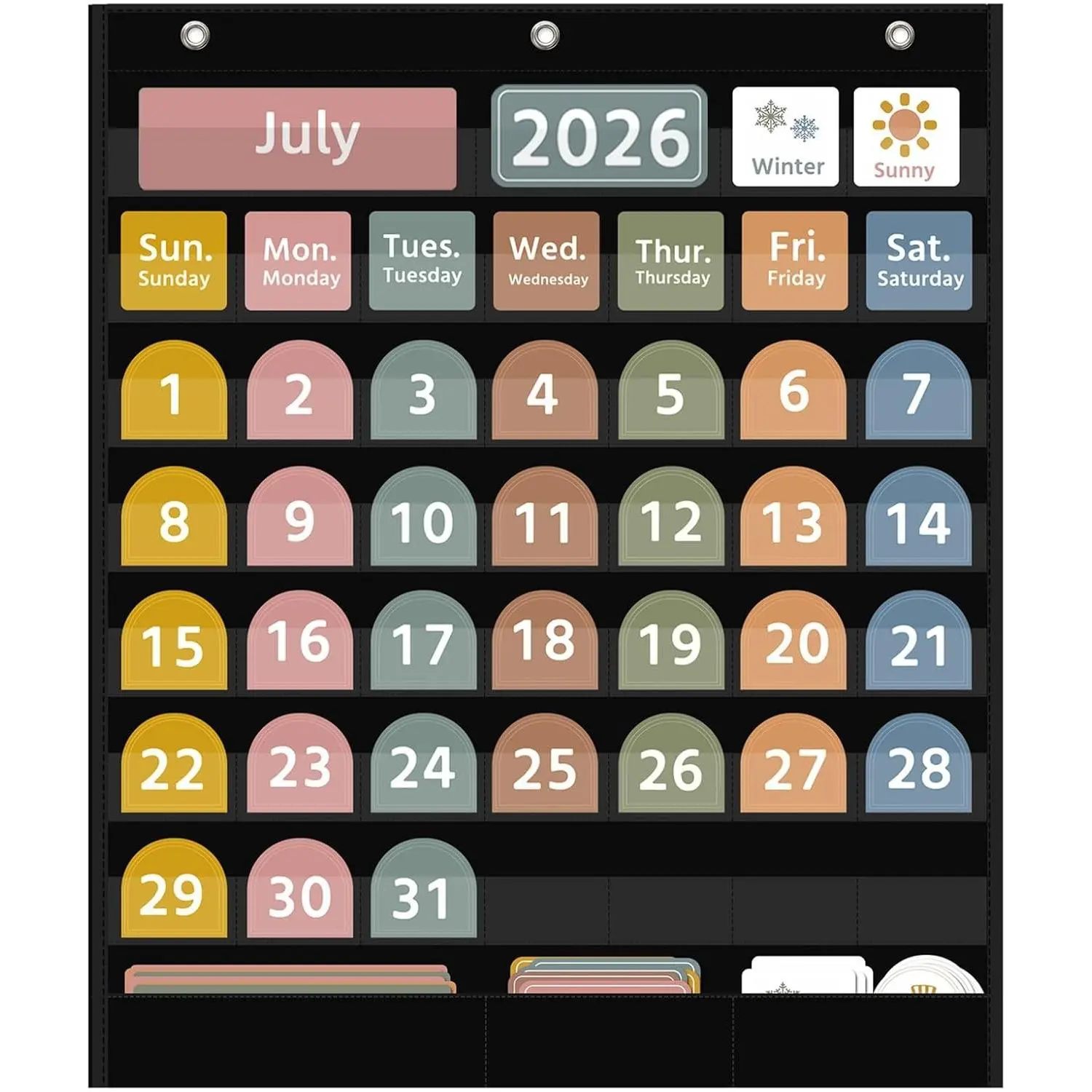 Large Boho Black Monthly Calendar and Weather Pocket Chart with 96 Cards for Classroom, 32.25 x 24.125 Inch, for Student Learning at Home or School