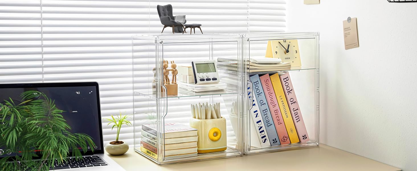 Acrylic Display Case for Collectibles, Clear Storage Bin with 3 Adjustable Layers and 1 Removable Divider, Stackable Clear Storage Box with Magnetic Door for Figures, Home or Office,Large