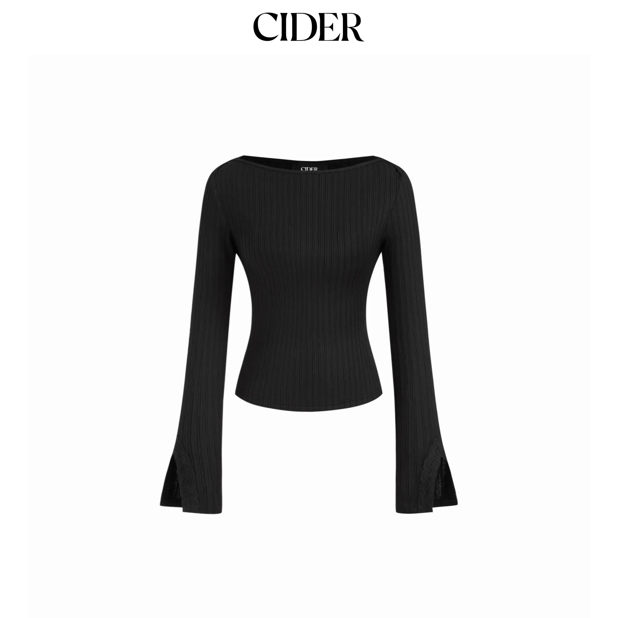 Cider Boat Neck Long Sleeve Lace Trim Top SohoChic
