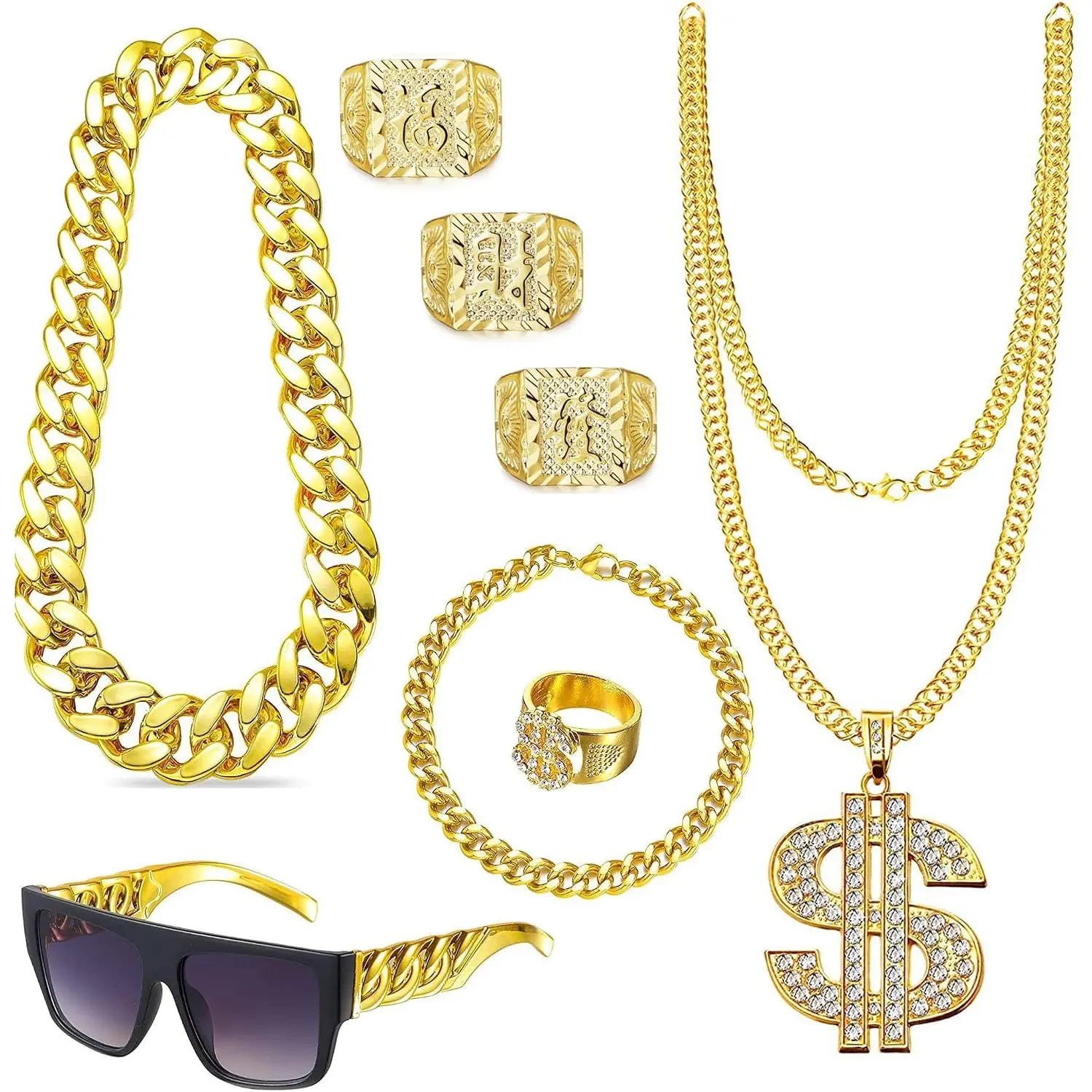 Men's 80s-90s Retro Hop Costume Accessory Kit - Flat Top Sunglasses, Chunky Nickel-Free Faux Rope Chains, Dollar Sign Chain Ring, Metal Luster Kanji Rings for Halloween Parties, Chunky Chains