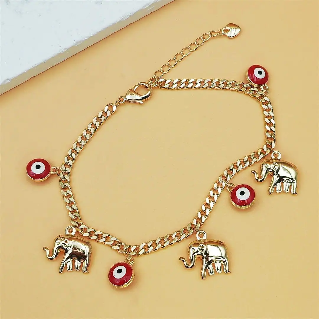 Women’s Adjustable Dainty Gold-Plated Devil's Eye Bracelet Adorned With Cute Baby Elephant Pendant, Flexible Stackable Thin Bangle Design, Multi-Purpose Sports Wrist Ornament, Elegant Premium Gold Fashion Jewelry, Sweet Thoughtful Gift Choice For Women Da