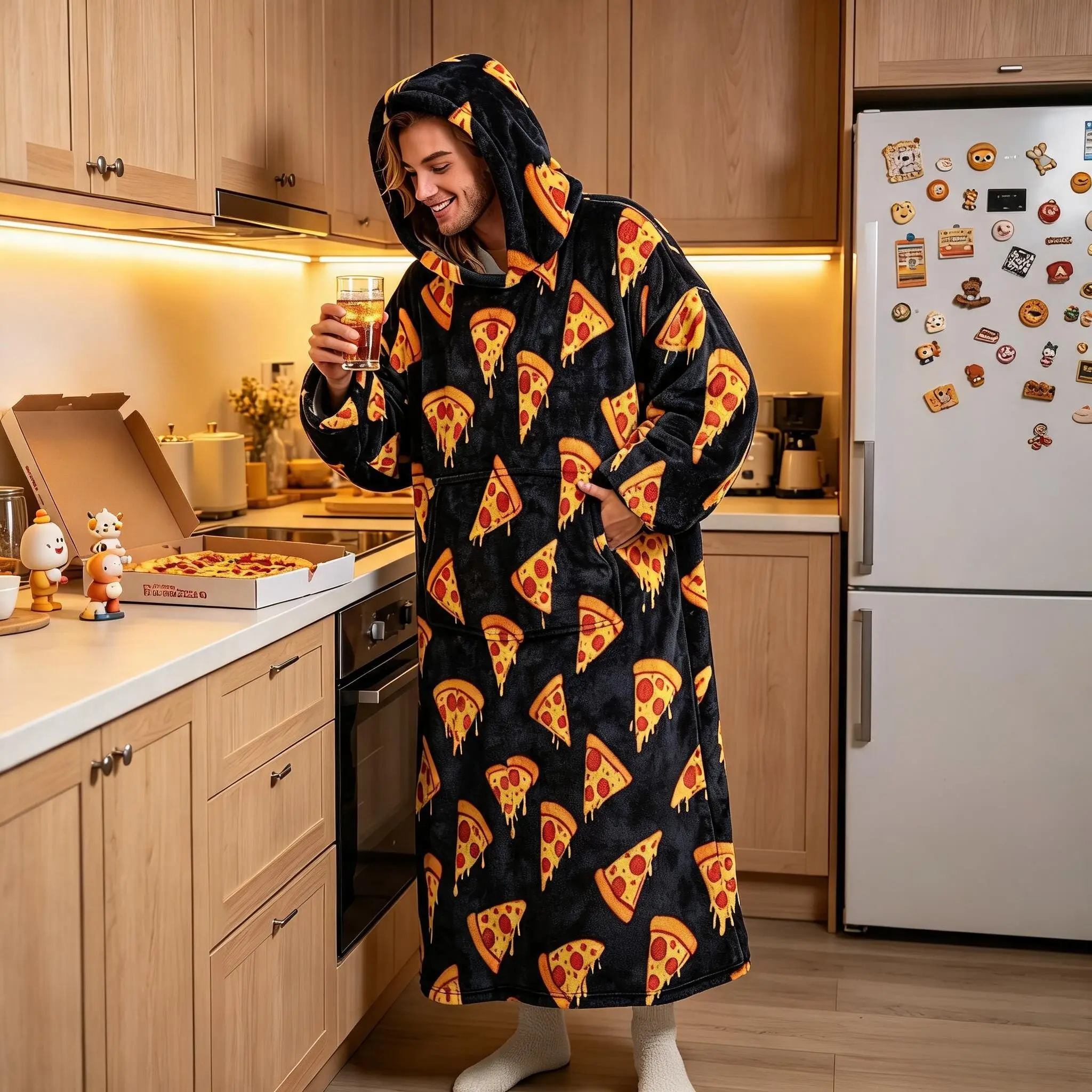 Funny Food Hooded Wearable Blanket, Cartoon Cheese Pizza Slice Flannel Cape, Thick Soft, Winter Home Relax, Fun Gift for Food Lovers