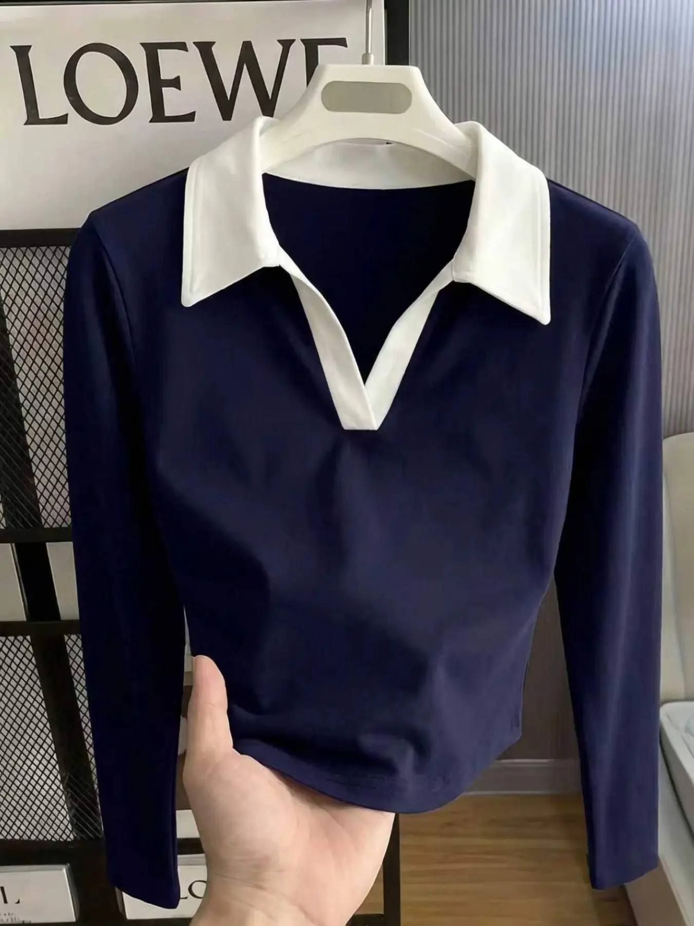 Women's Colorblock Collared V-Neck Long Sleeve Slim Fit T-Shirt, Casual Contrast Binding Design, Elastic Material, Daily Wear Top
