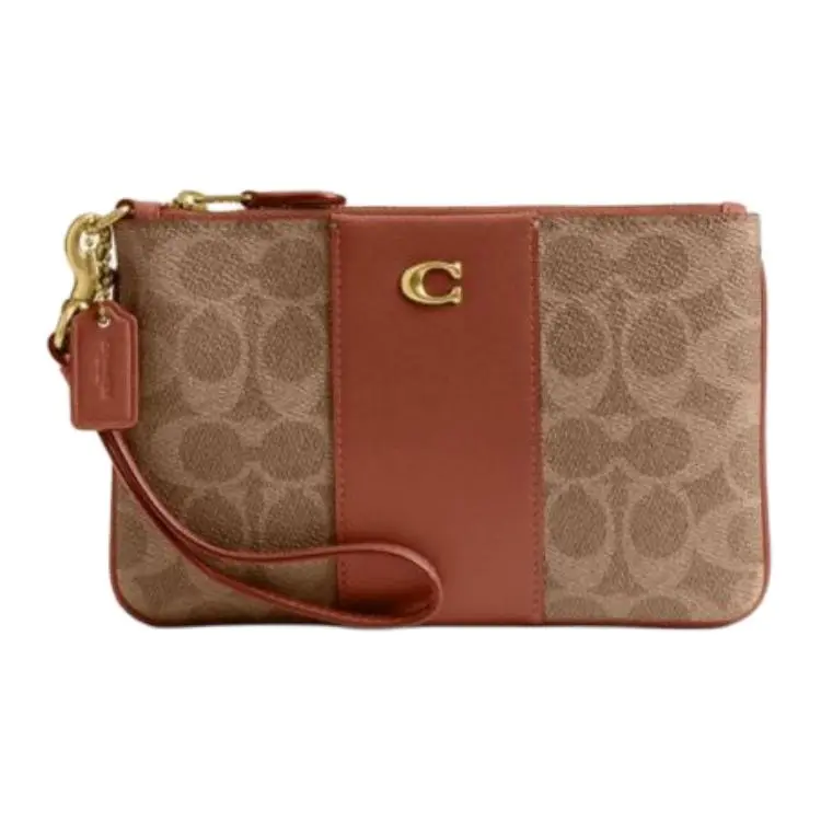 COACH 19 Classic Monogram Zip-Top Clutch Handbag for Women, Small Size, Caramel Color