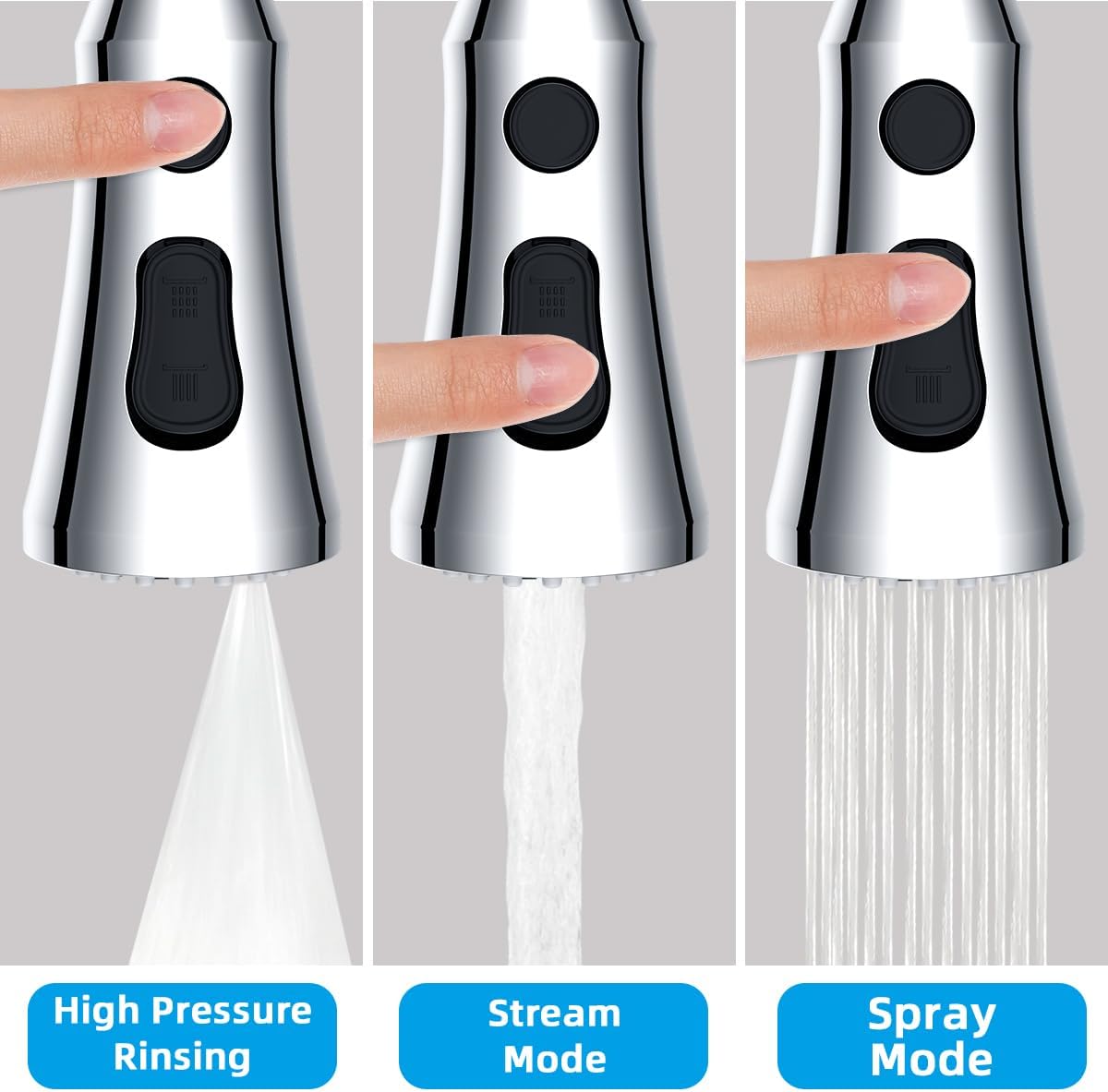 Pull Down Kitchen Faucet  Replacement, 3-Function Kitchen Sink Spray Nozzle with 15 Adapters, Compatible with Moen,  Standard, Delta, Kohler Faucets, Chrome (Shiny )