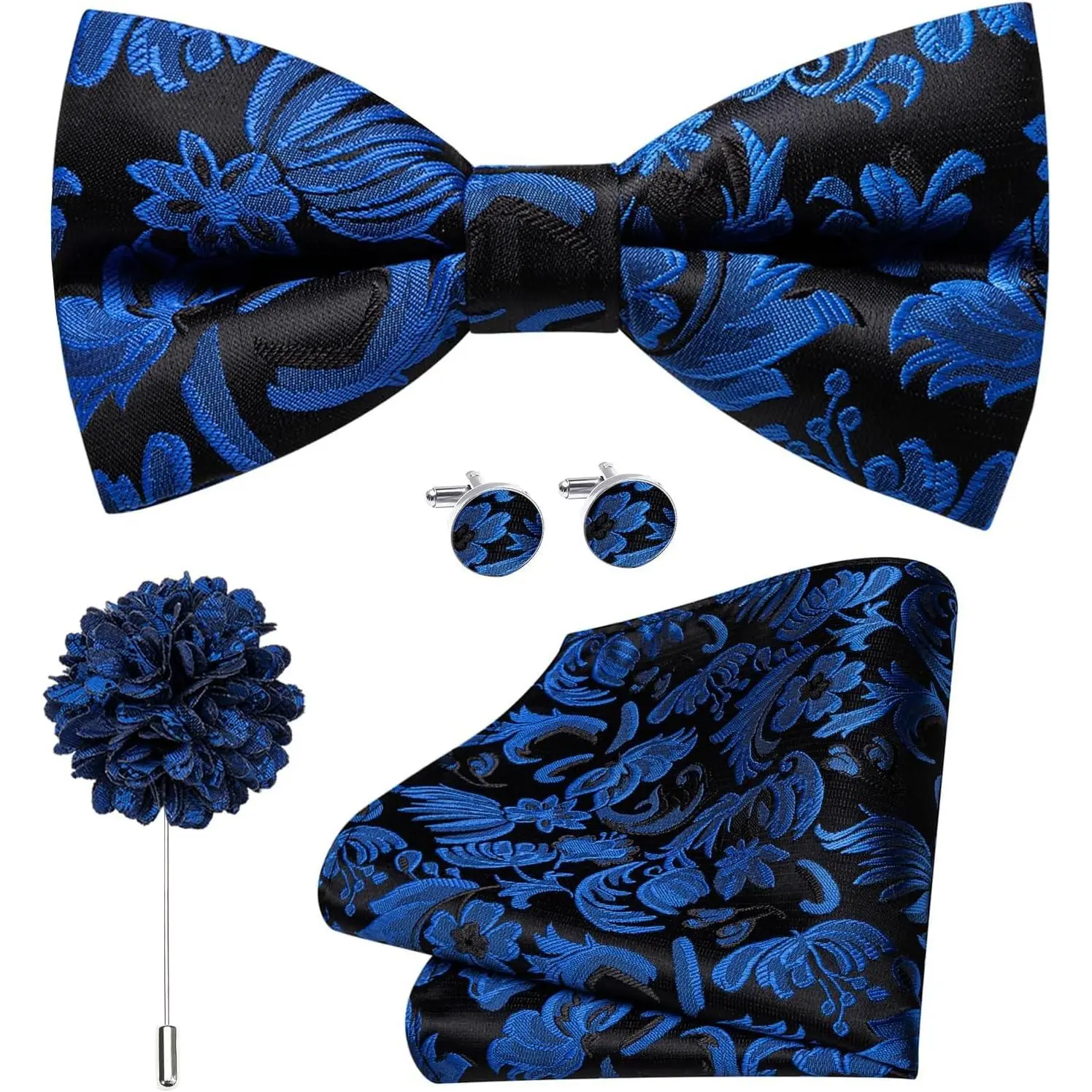 Men's Pre-Tied Floral Paisley Bow Tie Set, Adjustable Size Traditional Wedding Style Accessory Kit with Black-Royal Blue Bowtie, Lapel Pin, Handkerchief, Cufflinks for Wedding Wear, Pre-Tied Bowtie