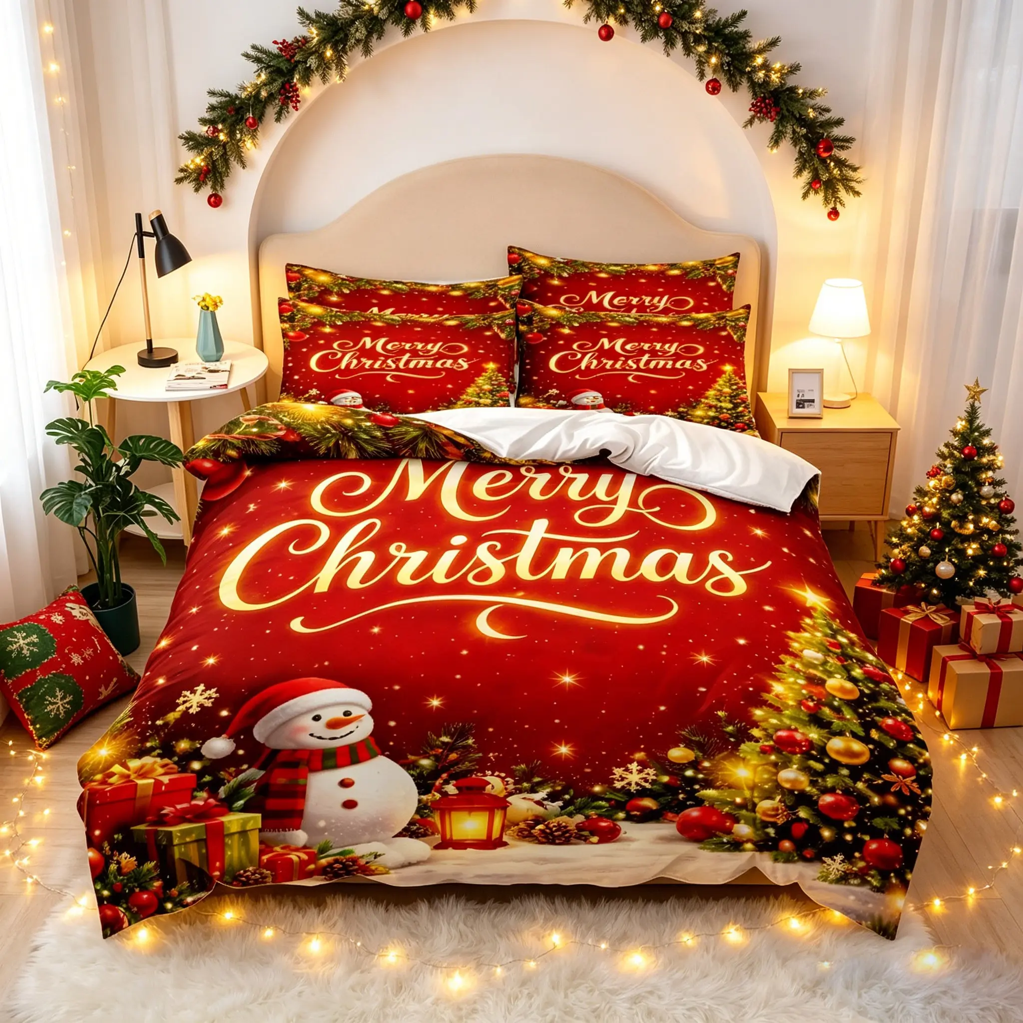 3-Piece Christmas Duvet Cover Set, Snowman Tree Pattern, Soft Fabric, No Padding, Ideal for Bedroom, Hotel, Dorm, Perfect Gift, Theme Bedding Set