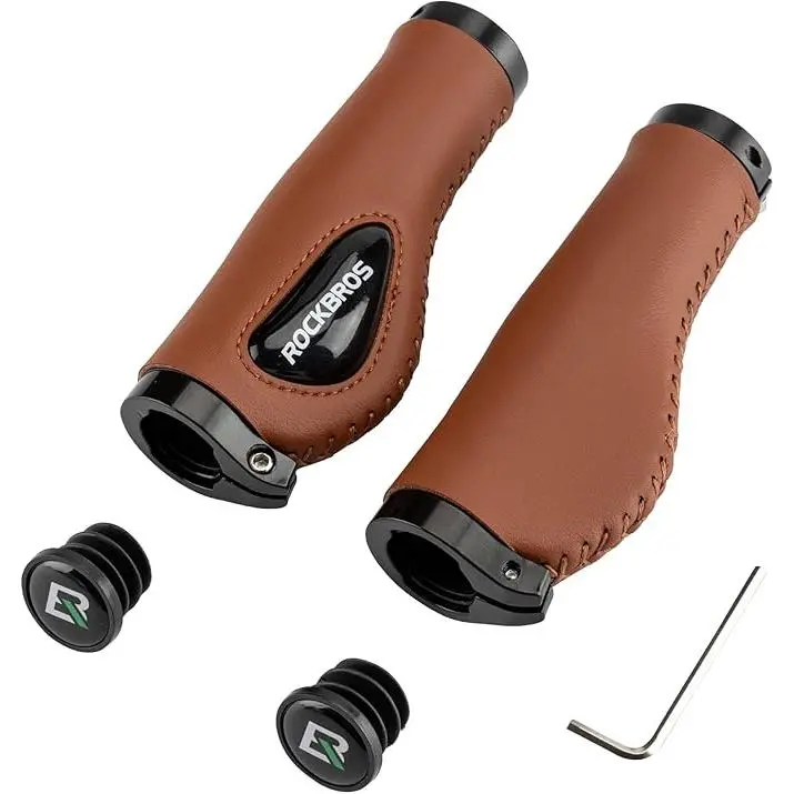 ROCKBROS Ergonomic Handlebar Grips, Liquid Silicone and Leather Surface with Shock Absorbing Palm Rest, Includes End Caps for MTN & Electric Scooter