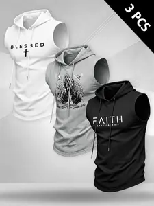 Men's American Religious Style Hooded Sleeveless Vest, Elastic Breathable Print Top, Casual Sport Training Tank Top, Loose-Fitting, Sleeveless Sports Tops, Sleeveless Gym Tops