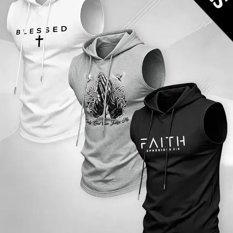 Men's American Religious Style Hooded Vest, Elastic Breathable Printed Top, Casual Sports Training Tank Top, Loose-Fitting, Sleeveless Gym Tops, Sleeveless Workout Vest, Sports Vests
