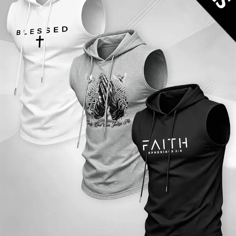 Men's American Religious Style Hooded Vest, Elastic Breathable Printed Top, Casual Sports Training Tank Top, Loose-Fitting, Sleeveless Gym Tops, Sleeveless Workout Vest, Sports Vests