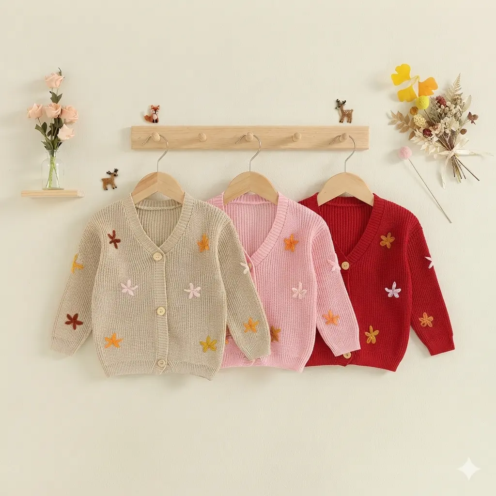 Girls' Soft Cotton Knit Cardigan - Long Sleeve, V-Neck, Button-Down, Floral Decor Casual Wear for Fall, Winter