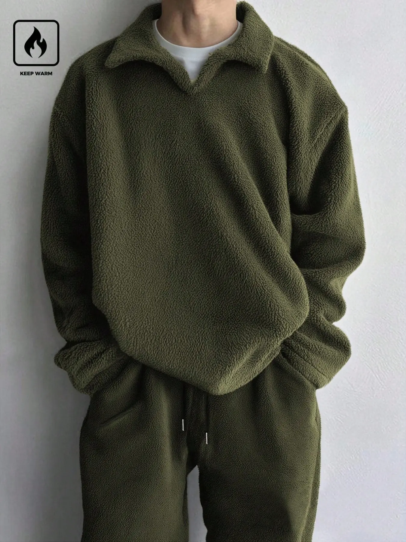 | 2-Piece Set | Men’s Sherpa Fleece Hoodie and Sweatpants Set, Cozy Pullover Top with Matching Warm Jogger Pants, Casual Winter Outfit