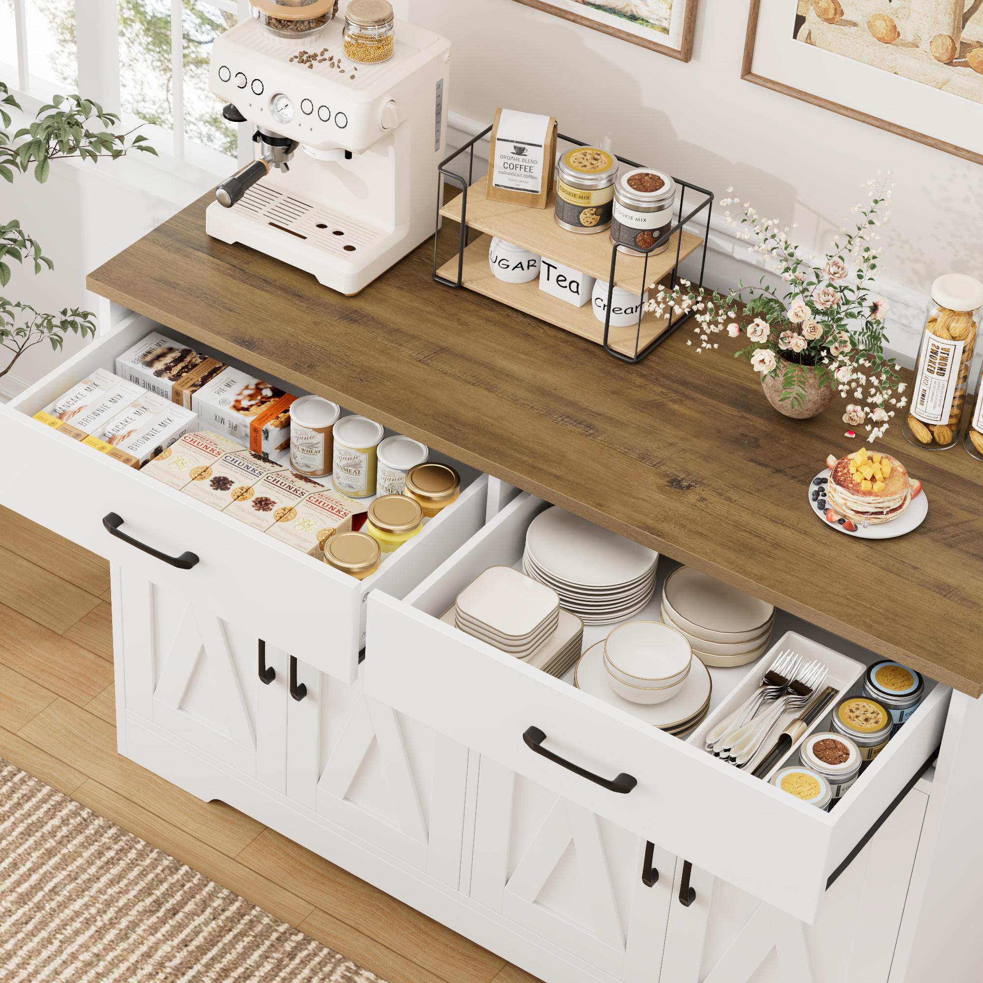 HOSTACK Buffet Cabinet, Coffee Bar with 2 Drawers, Shelves, 4 Doors, Modern Farmhouse Kitchen Sideboard Buffet, Wood Storage Cabinet
