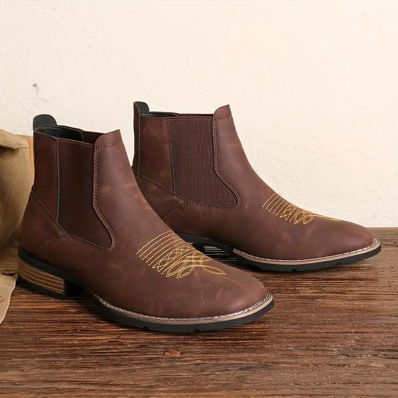 Men's Western Embroidered Chelsea Ankle Boots, Pull-On Elastic Gusset, Cowboy Style Casual Work Boots for American Men
