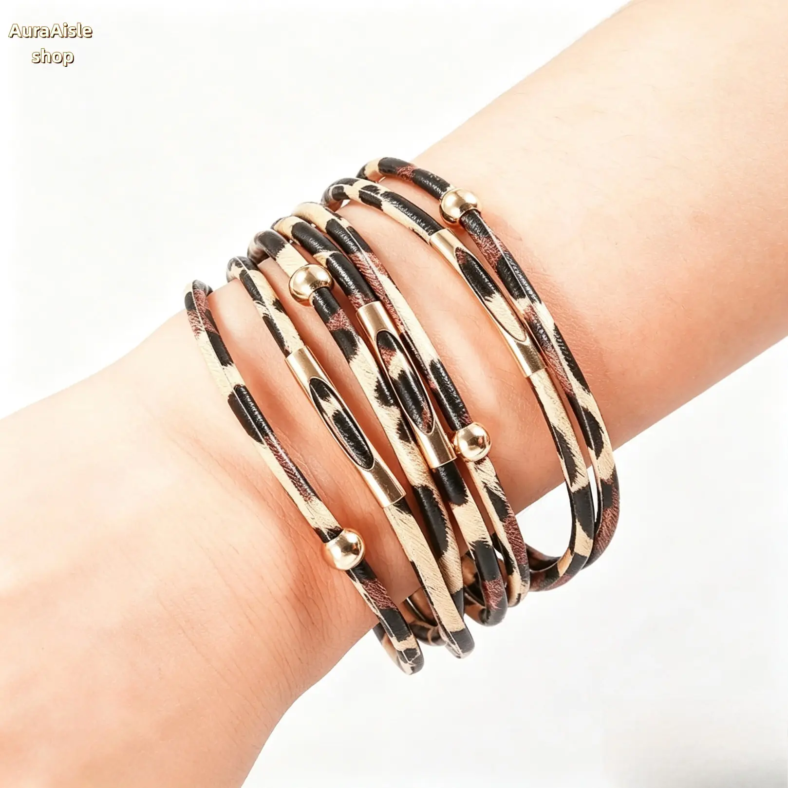 Leopard‑Print Layered Stackable Bangle Set, Faux Leather With Metal Bead Detail, Chic Statement Jewelry For Women, Slim Multi‑Loop Design For Daily Styling, Night‑Out And Casual Occasions