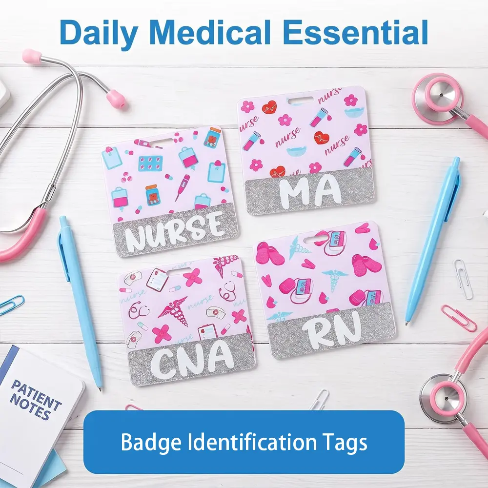 Horizontal Reusable Silicone Nurse ID Badge Holder, Cute Cartoon Print Glitter Silver Name Tag with Slot, for Hospital Staff Office Identification Supplies, Nursing Student