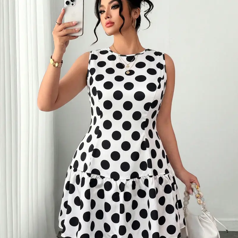 Plus Size Women's Summer Fashion Elegant Commute Polka Dot Print Round Neck A-Line Sleeveless Dress, Stylish and Comfortable