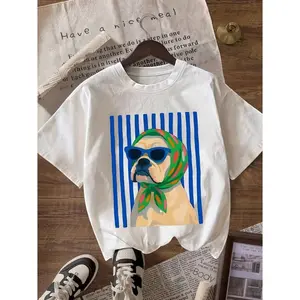 Cute Bulldog With Sunglasses Headscarf Print Women Oversized T Shirt Casual Summer Short Sleeve Aesthetic Graphic Tee Soft Comfortable Streetwear For Daily Outing Vacation