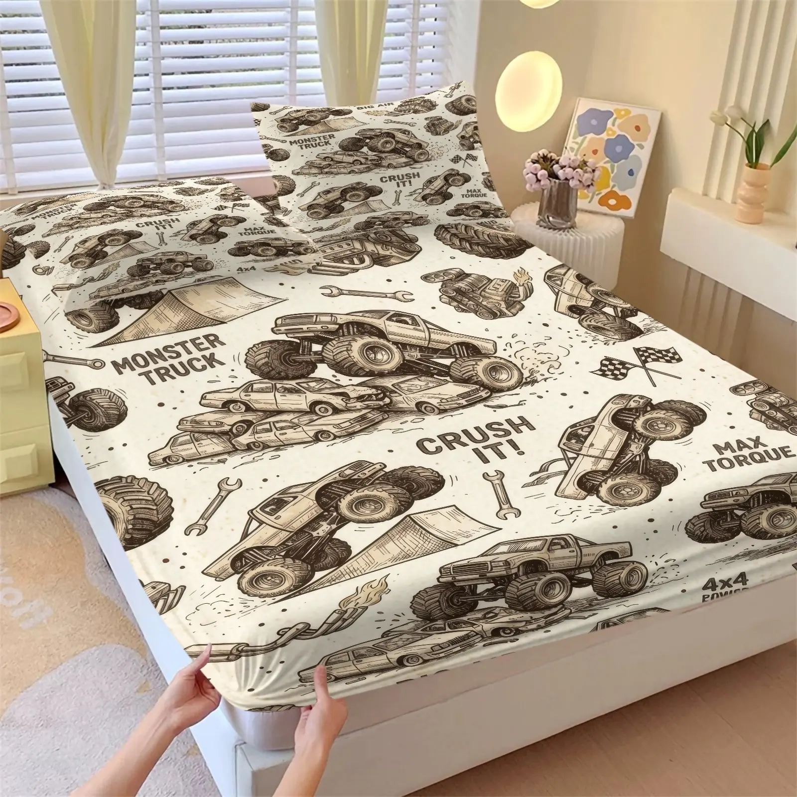Vintage Monster Truck Rustic Car Print Fitted Sheet Set, 1 Fitted Sheet & 2 Pillowcase, All Season Non-Slip Soft Fabric Bed Set, Vintage Boys Off-Road Bedding All Size, Rustic Garage Dorm Decor, Truck Lover Gift
