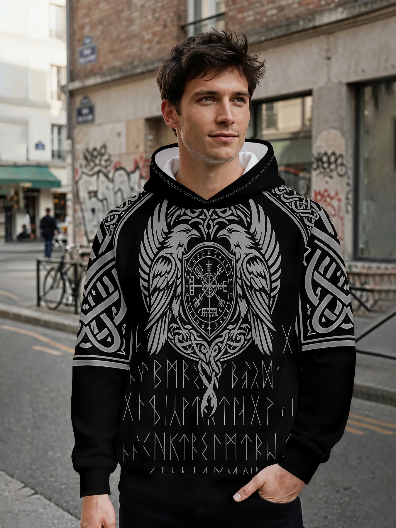 Men's hoodie, long-sleeve casual fashion hooded jacket with 3D digital print, featuring Nordic Viking rune totem pattern, vintage casual top. It stands out for daily street wear and music festival outfits, and is an ideal holiday gift for men