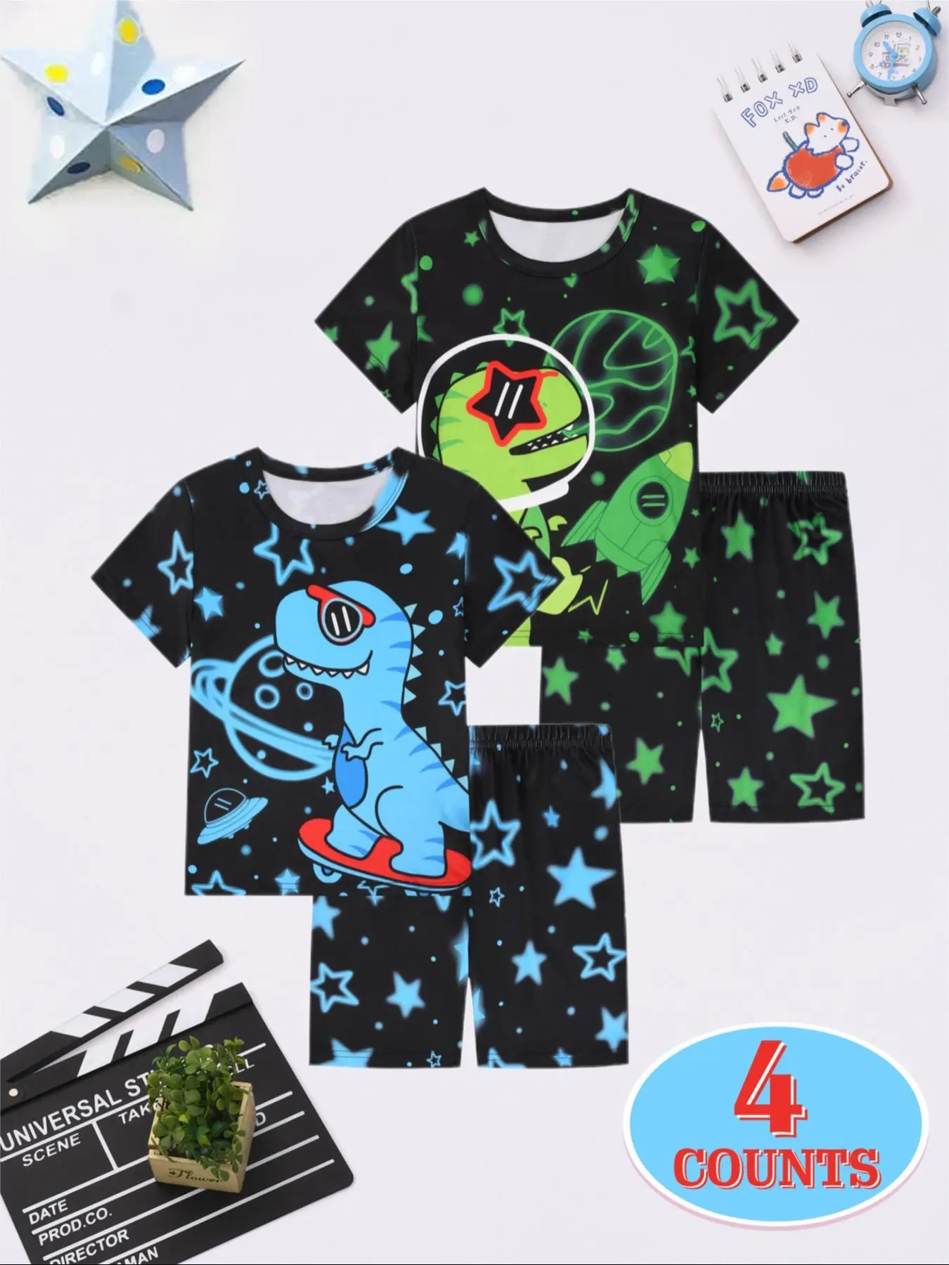 Boys' 2-Piece Dinosaur Series Short Sleeve Pajama Set, Cartoon Pattern, Loose-Fitting, Casual Home Wear, Comfortable Sleepwear, Cartoon Pattern Pajamas