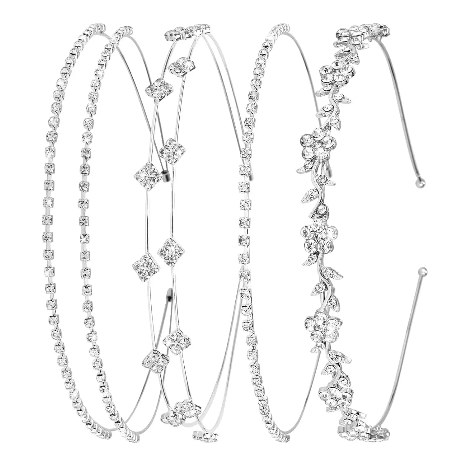 Women's Silver Rhinestone Headbands (4 Pcs) - Bridal Crystal Tiara Crown Hair Accessories for Female Ceremony, Formal Events, Flower Girl, Prom, Crown Look, Wedding, Hair Securing